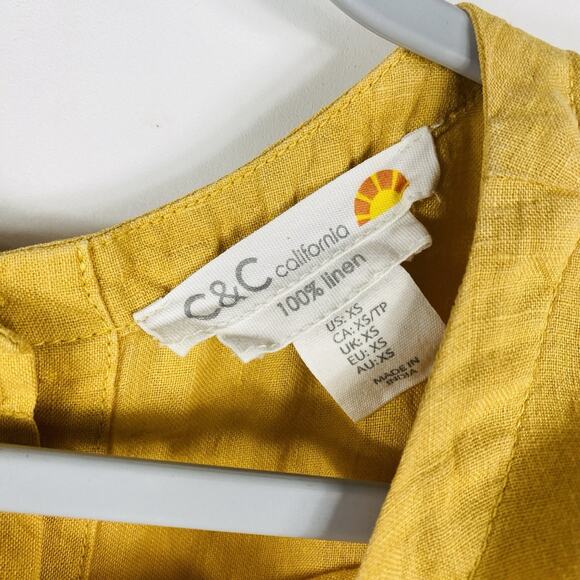 C&C California Size XS 100% Linen Short Sleeve Button Back Top Yellow - Picture 3 of 4